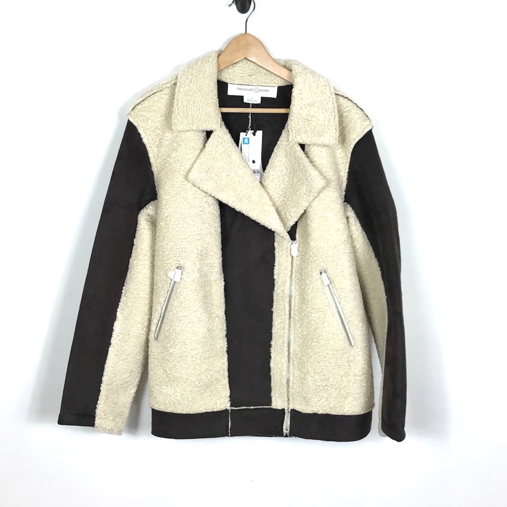 Treasure and Bond Moto Bomber Shearling Mixed Media Jacket Coat Size Large